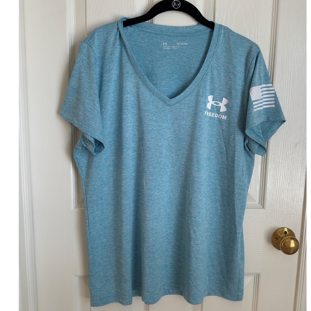 Under‎ Armour Womens Freedom V-Neck T-Shirt Heather Blue XL American Flag Sleeve